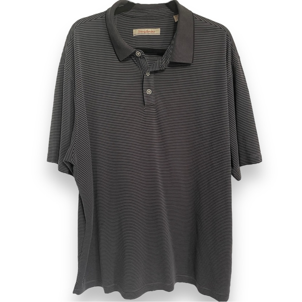 Tommy Bahama Grey and Black Striped Striped Collared Gold Casual Polo Size XXL